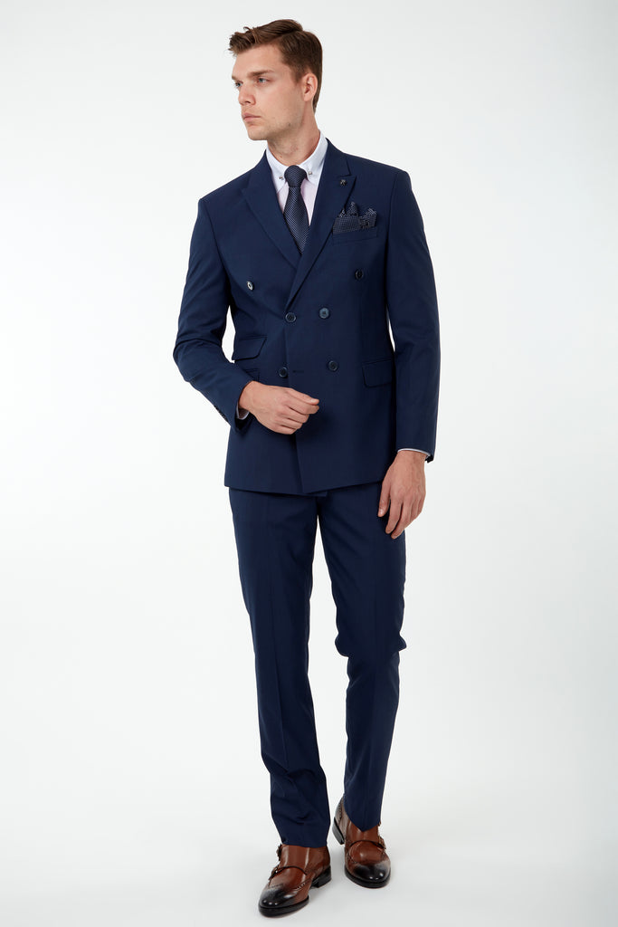 SAMUEL - Blue Semi-Plain Tailored Fit Double Breasted Suit - Jack Martin