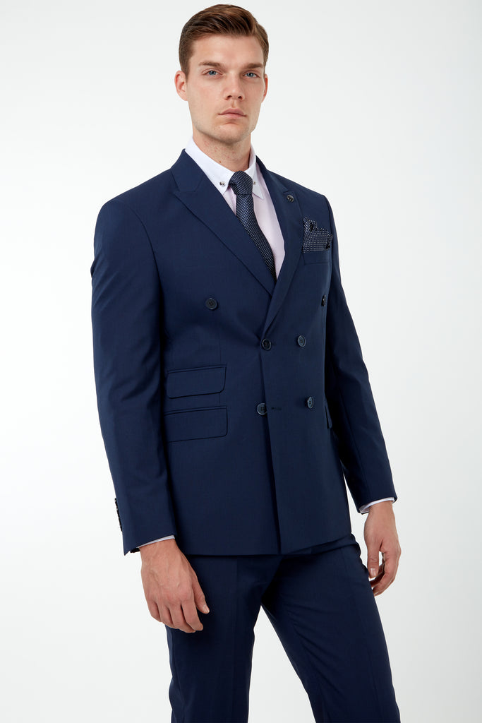 SAMUEL - Blue Semi-Plain Tailored Fit Double Breasted Suit - Jack Martin