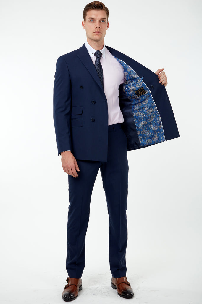 SAMUEL - Blue Semi-Plain Tailored Fit Double Breasted Suit - Jack Martin