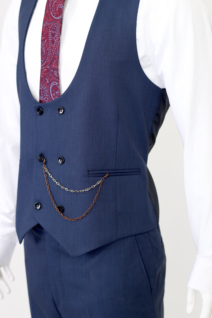 Blue Semi Plain Double Breasted Suit Waistcoat (PERCY) - Jack Martin Menswear