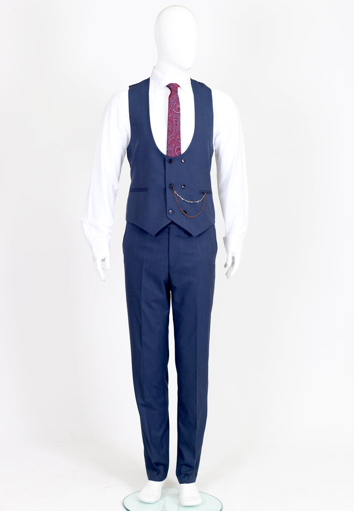 Blue Semi Plain Double Breasted Suit Waistcoat (PERCY) - Jack Martin Menswear