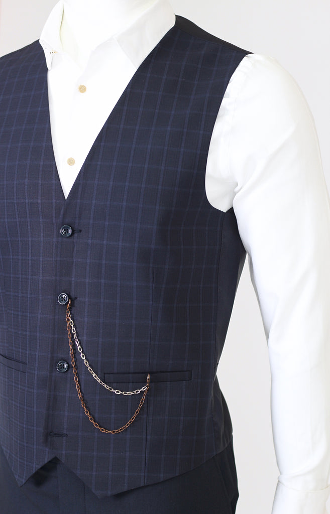 Navy Windowpane Check Suit Waistcoat - Jack Martin Menswear
