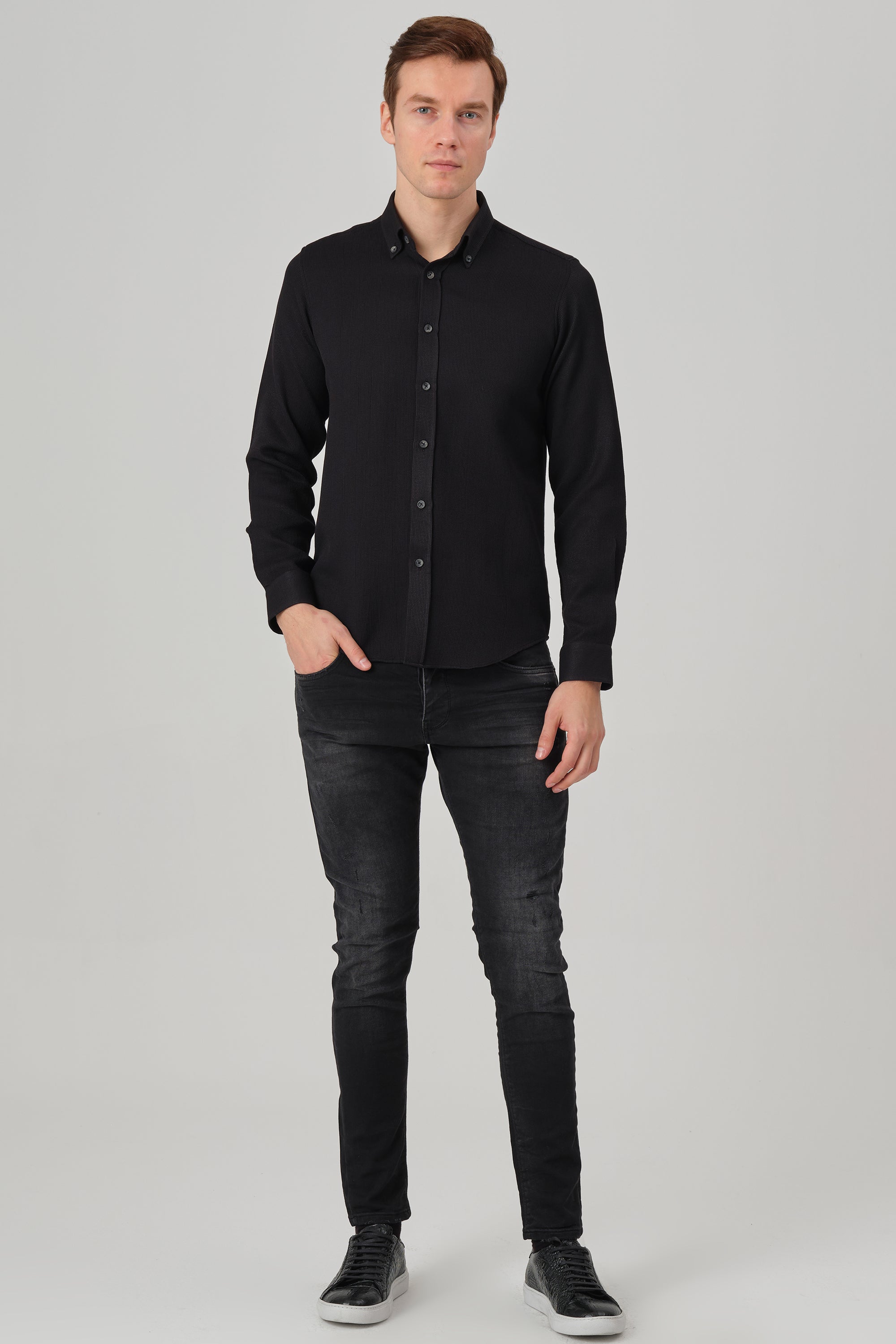 NOAH - Black Waffle Button Down Casual Shirt - Jack Martin