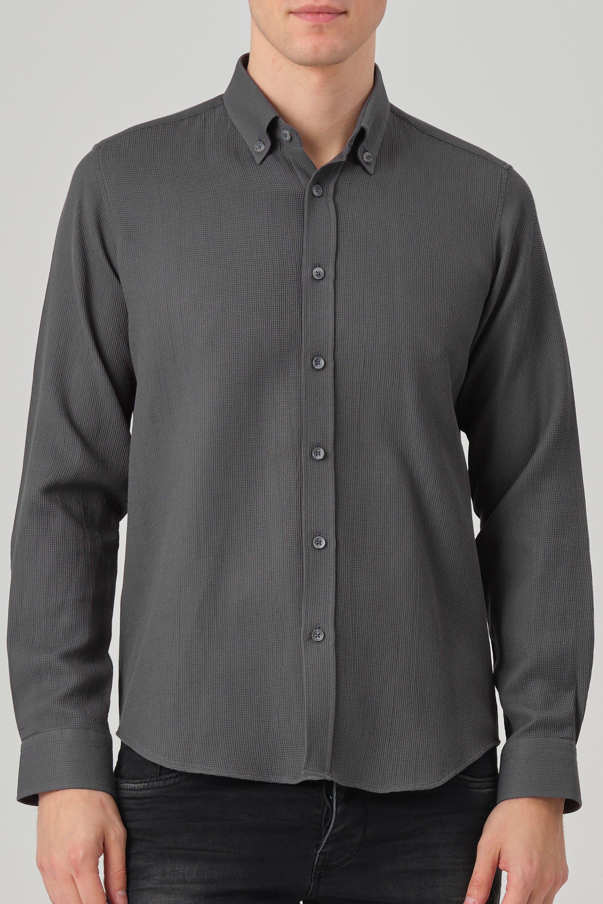 NOAH - Grey Waffle Button Down Casual Shirt - Jack Martin