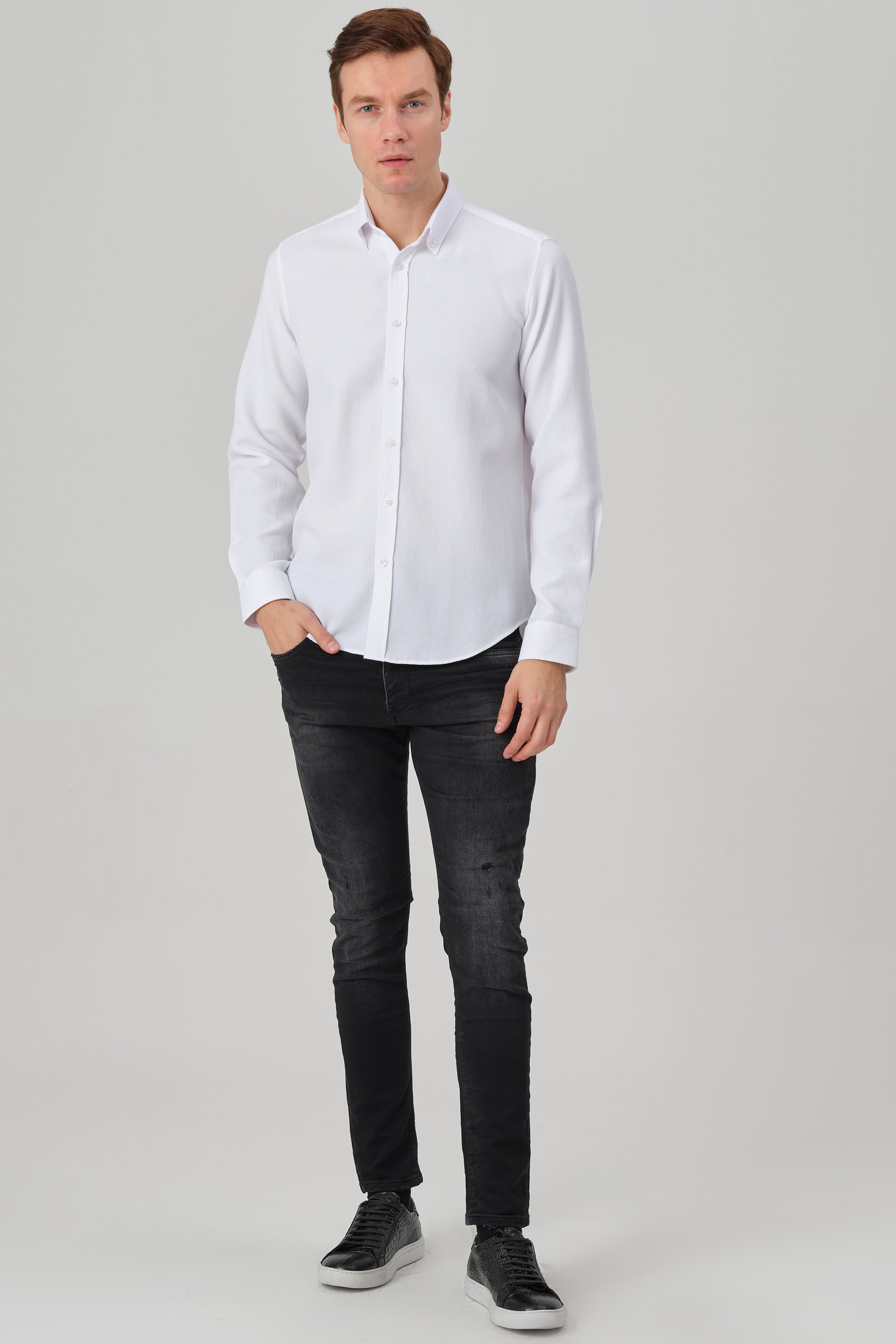 NOAH - White Waffle Button Down Casual Shirt - Jack Martin