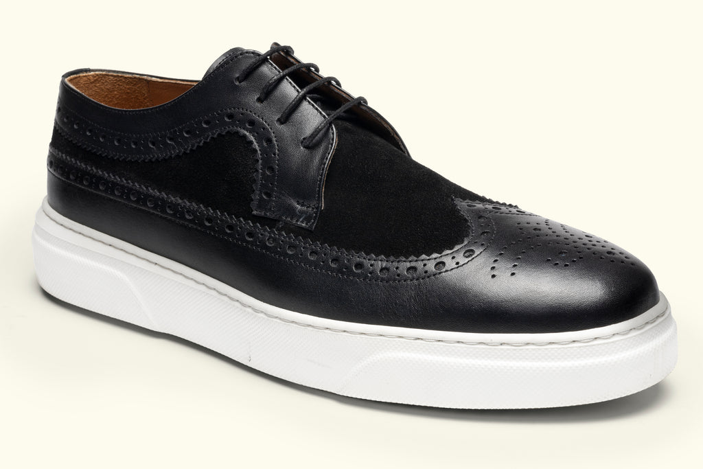 LUCAS - Black Leather Derby Brogue Trainers with White Sole - Jack Martin