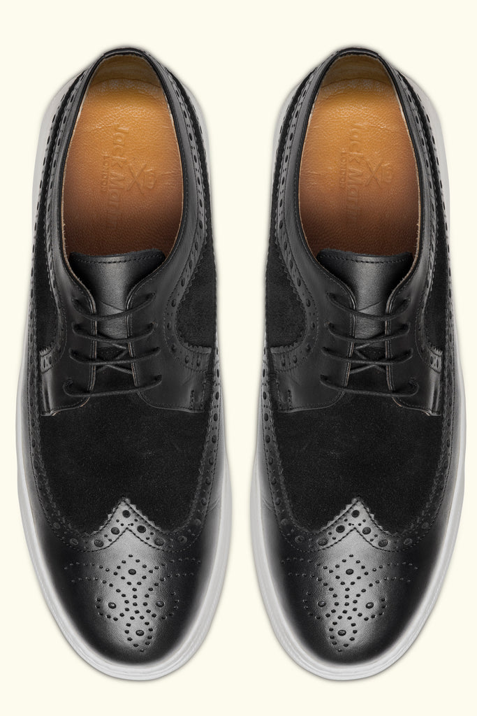 LUCAS - Black Leather Derby Brogue Trainers with White Sole - Jack Martin