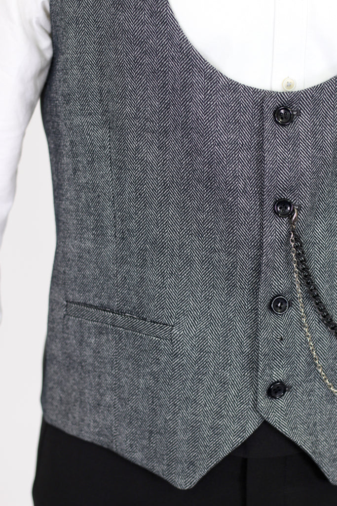 Black Herringbone Tweed Waistcoat - Jack Martin Menswear