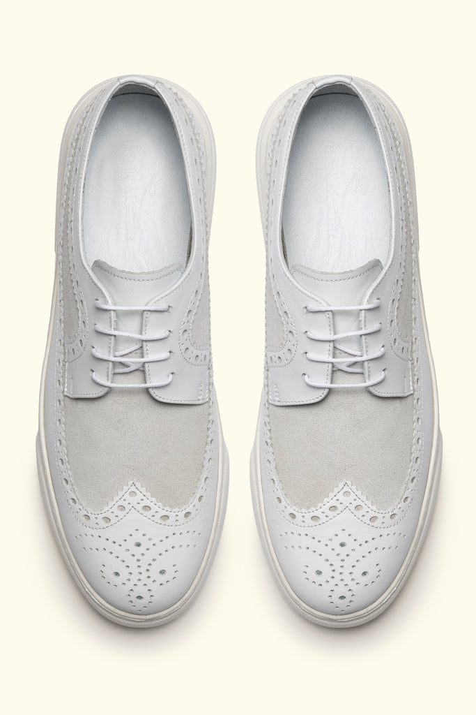 LUCAS - White Leather Derby Brogue Trainers with White Sole - Jack Martin