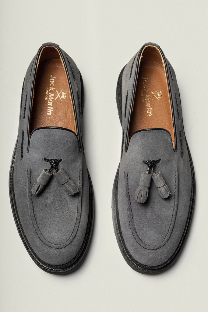 JUDE - Grey Handmade Suede Tassel Loafers with Thick Sole - Jack Martin