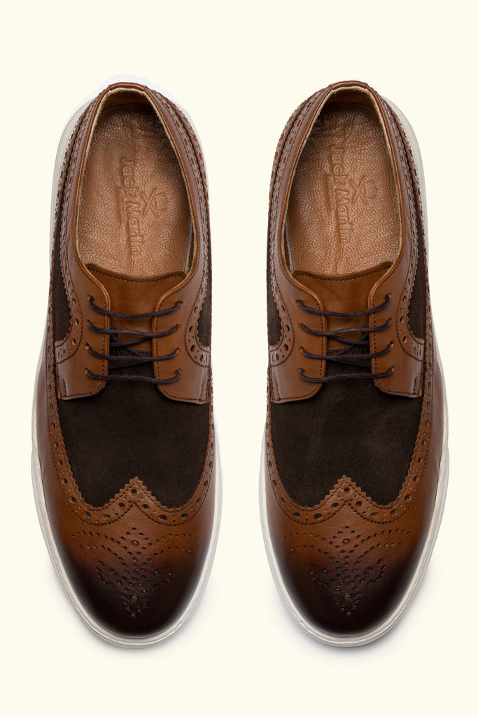 LUCAS - Tan Brown Leather Derby Brogue Trainers with White Sole - Jack Martin