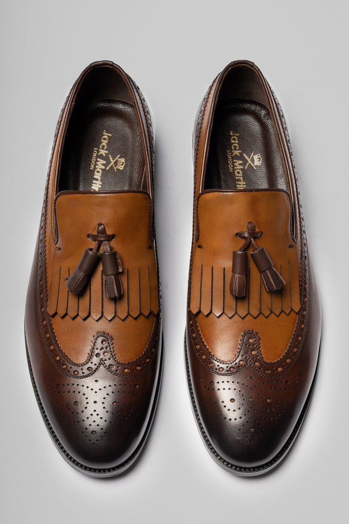 MILANO - Brown & Tan Handmade Brogue Tassel Loafers with Fringe - Jack Martin