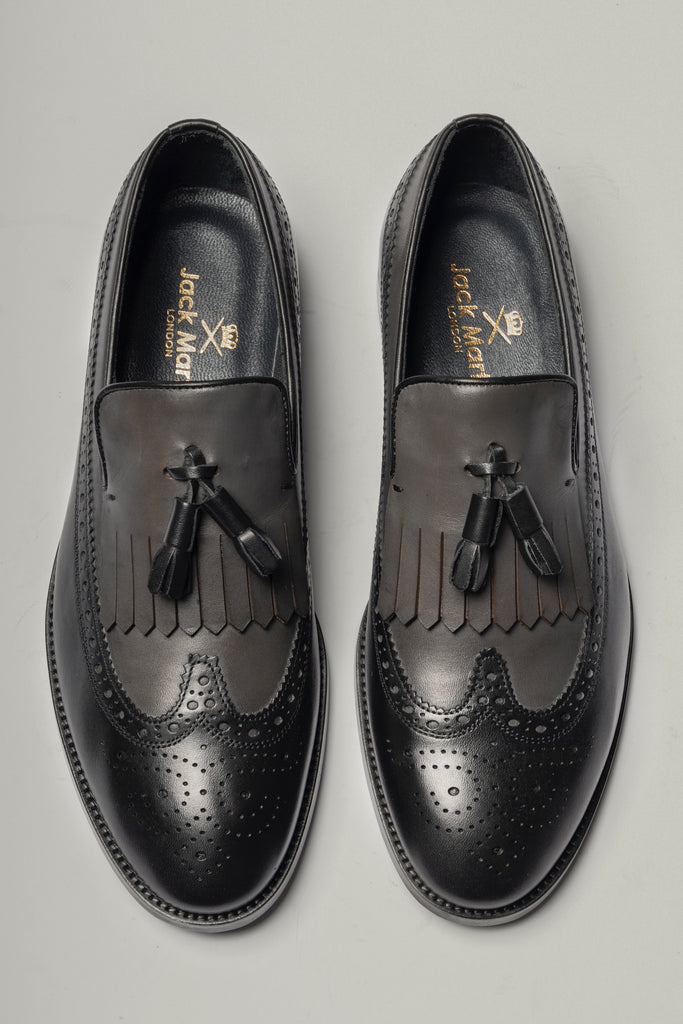 MILANO - Black & Grey Handmade Brogue Tassel Loafers with Fringe - Jack Martin