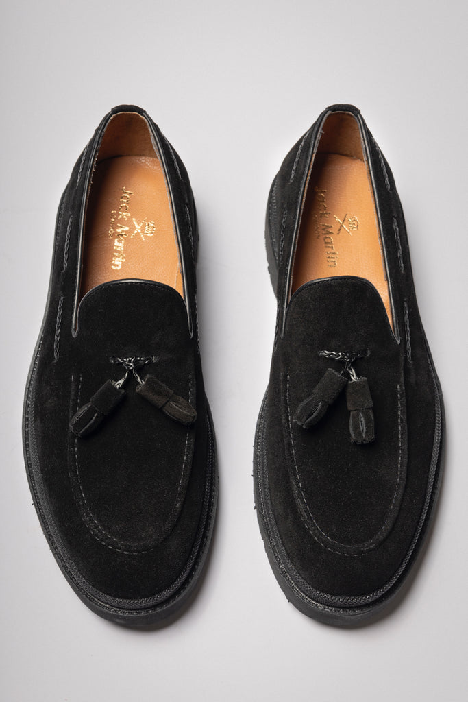 JUDE - Black Handmade Suede Tassel Loafers with Thick Sole - Jack Martin