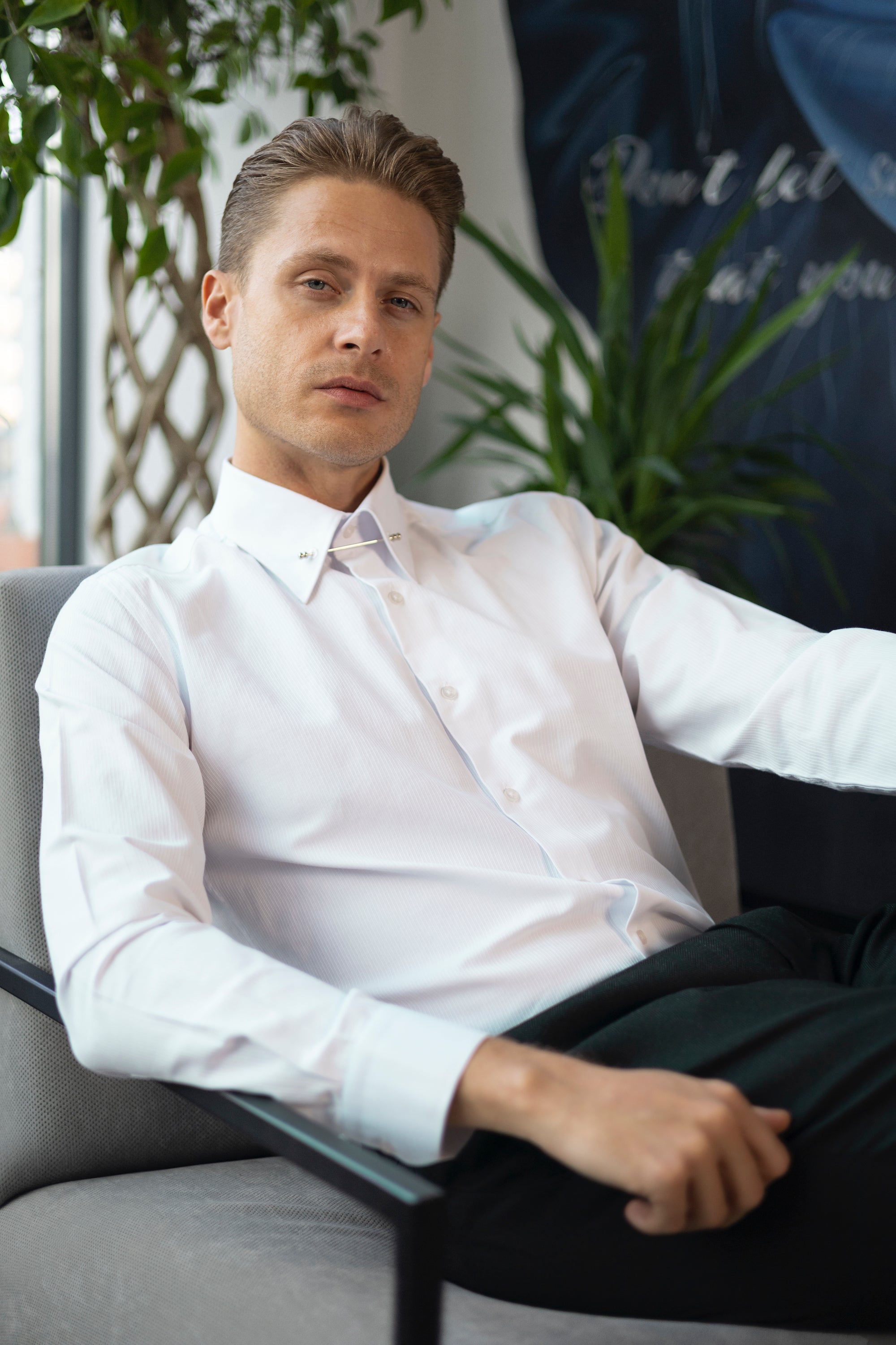 LUKE White Subtle Stripe Pin Collar Shirt
