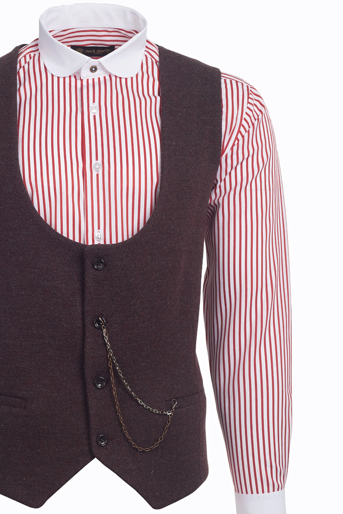 Burgundy & Grey Diagonal Tweed Waistcoat - Jack Martin Menswear