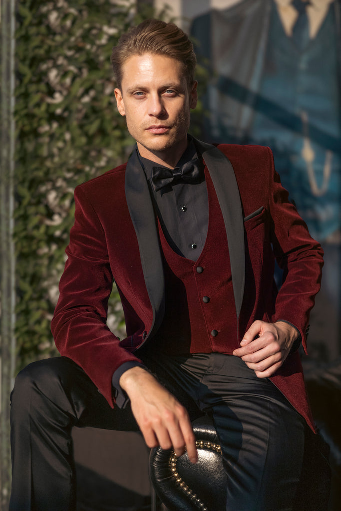 GABRIEL - Wine Burgundy Velvet 3 Piece Suit & Tuxedo - Jack Martin