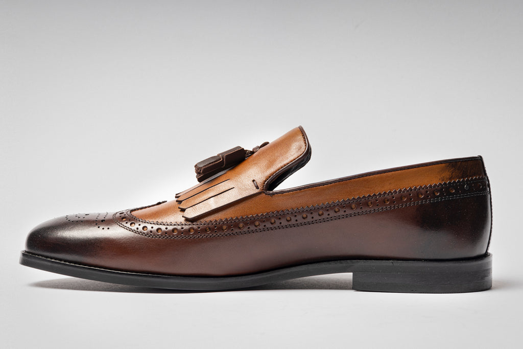 MILANO - Brown & Tan Handmade Brogue Tassel Loafers with Fringe - Jack Martin
