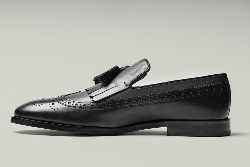 MILANO - Black & Grey Handmade Brogue Tassel Loafers with Fringe - Jack Martin