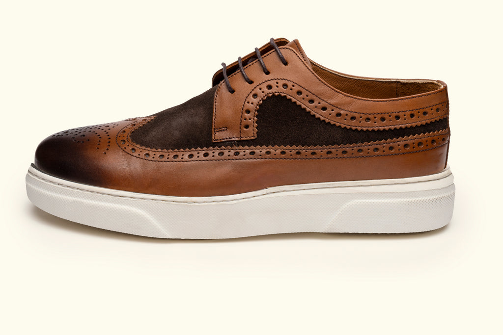 LUCAS - Tan Brown Leather Derby Brogue Trainers with White Sole - Jack Martin