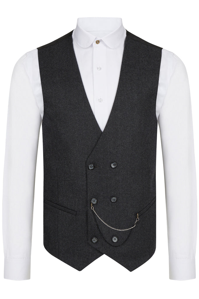 Ash Black Birdseye Tweed Double Breasted Waistcoat - Jack Martin Menswear