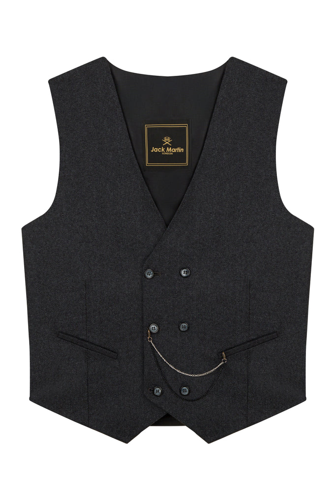 Ash Black Birdseye Tweed Double Breasted Waistcoat - Jack Martin Menswear