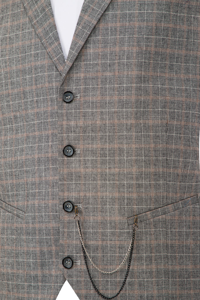 Grey & Multi Colour Check Collared Wool Waistcoat - Jack Martin Menswear