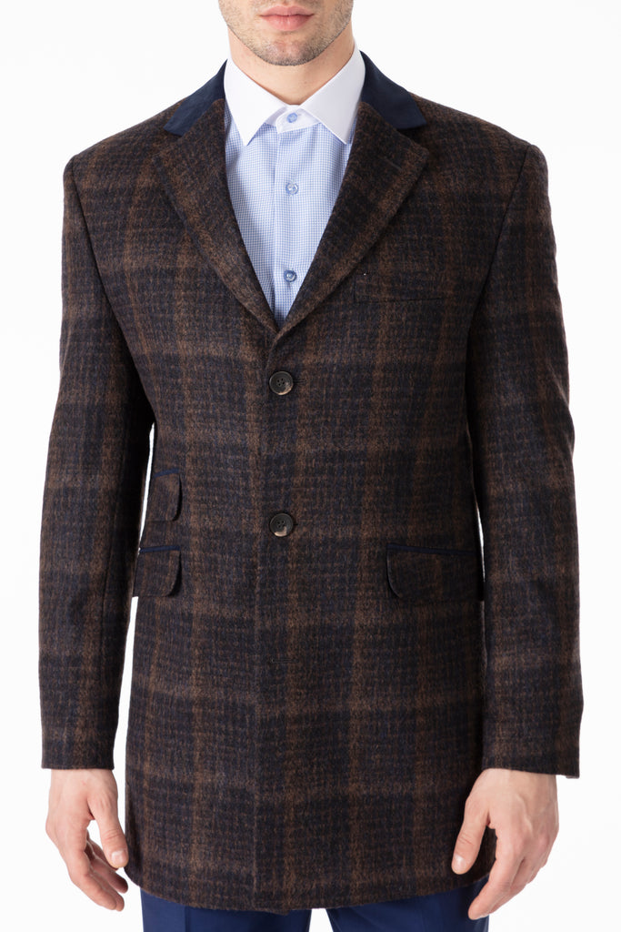 Peaky Blinders - Brown & Navy Check Wool Overcoat - Jack Martin Menswear