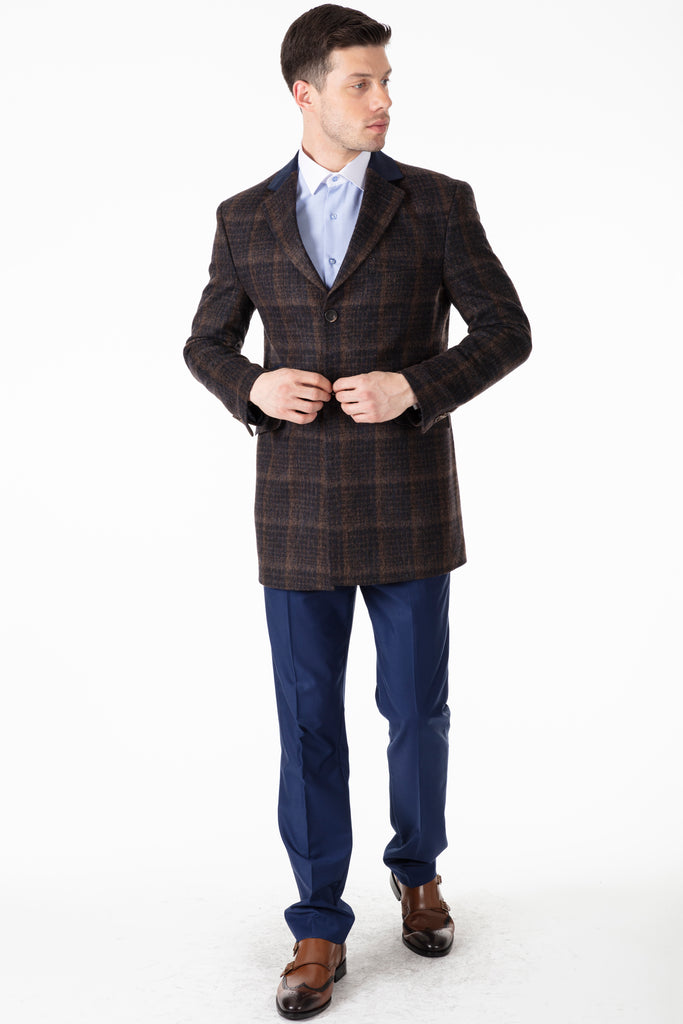 Peaky Blinders - Brown & Navy Check Wool Overcoat - Jack Martin Menswear
