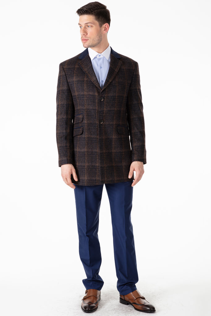 Peaky Blinders - Brown & Navy Check Wool Overcoat - Jack Martin Menswear