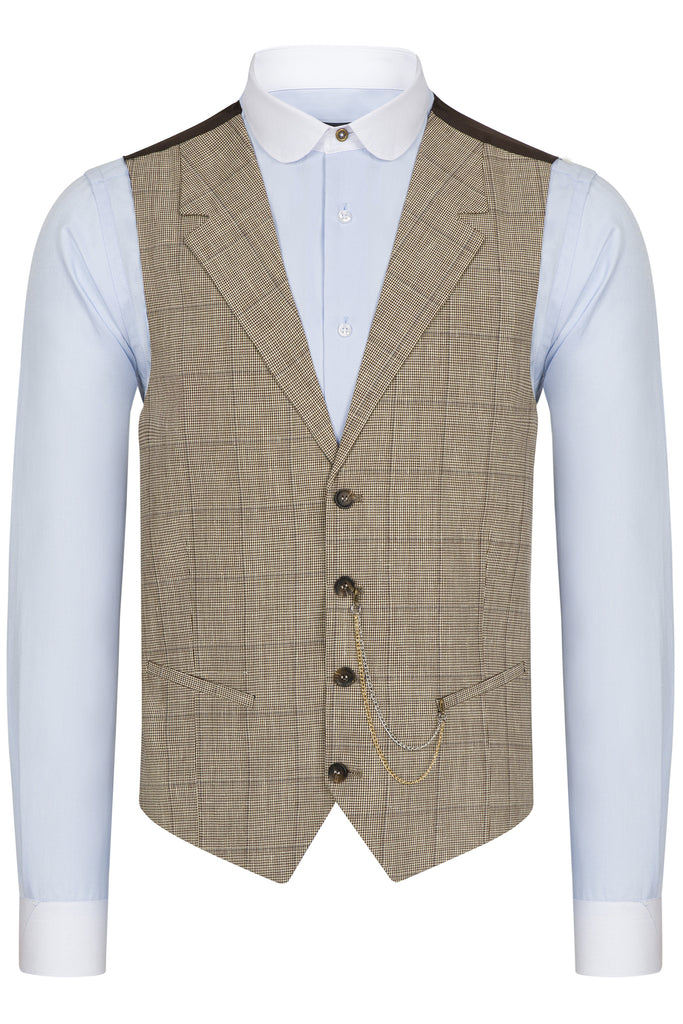 Brown & Cream Houndstooth Check Collared Wool Waistcoat - Jack Martin Menswear