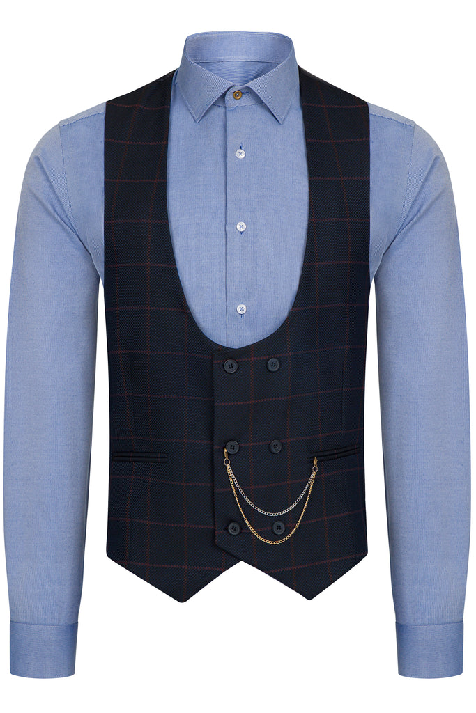 ARTHUR - Navy Check Double Breasted Suit Waistcoat - Jack Martin