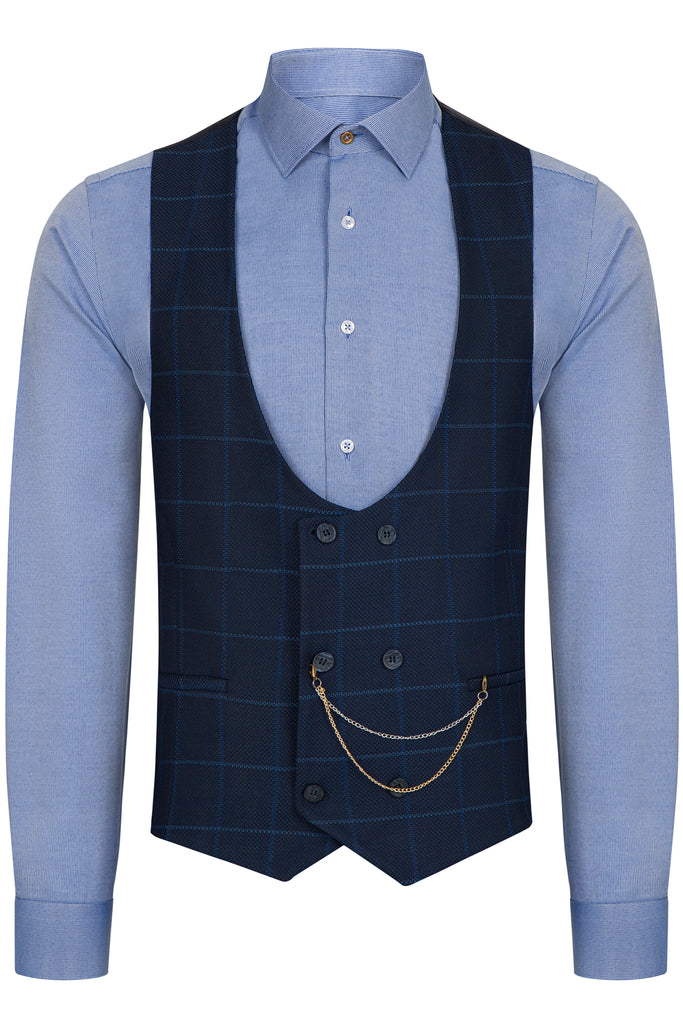 ARTHUR - Blue Check Double Breasted Suit Waistcoat - Jack Martin