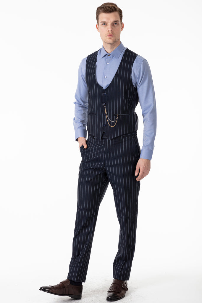 JAY - Navy Chalk Stripe 3 Piece Semi Slim Fit Suit - Jack Martin Menswear