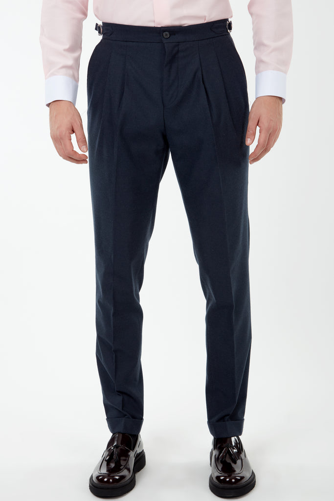 LAGUNA - Heather Navy Pleated Flannel Trousers - Jack Martin