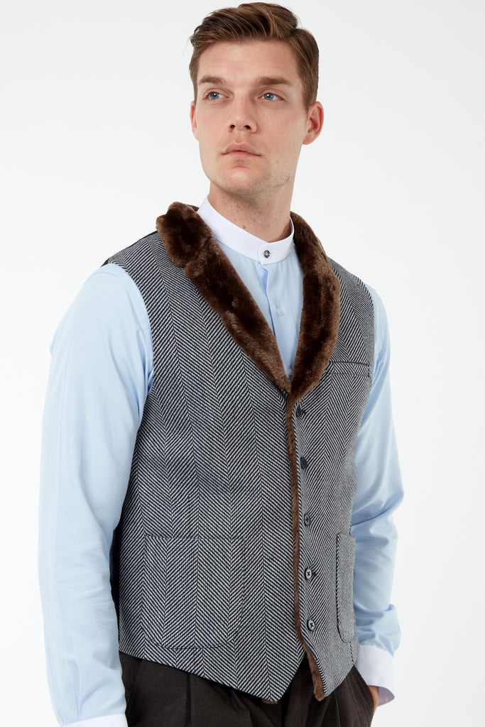 MAX - Navy & White Herringbone Tweed-Look Waistcoat with Faux Fur - Jack Martin Menswear