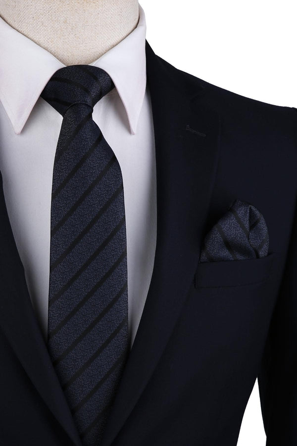 Tie & Hanky Set: Navy Two Tone Stripe Tie & Hanky - Jack Martin