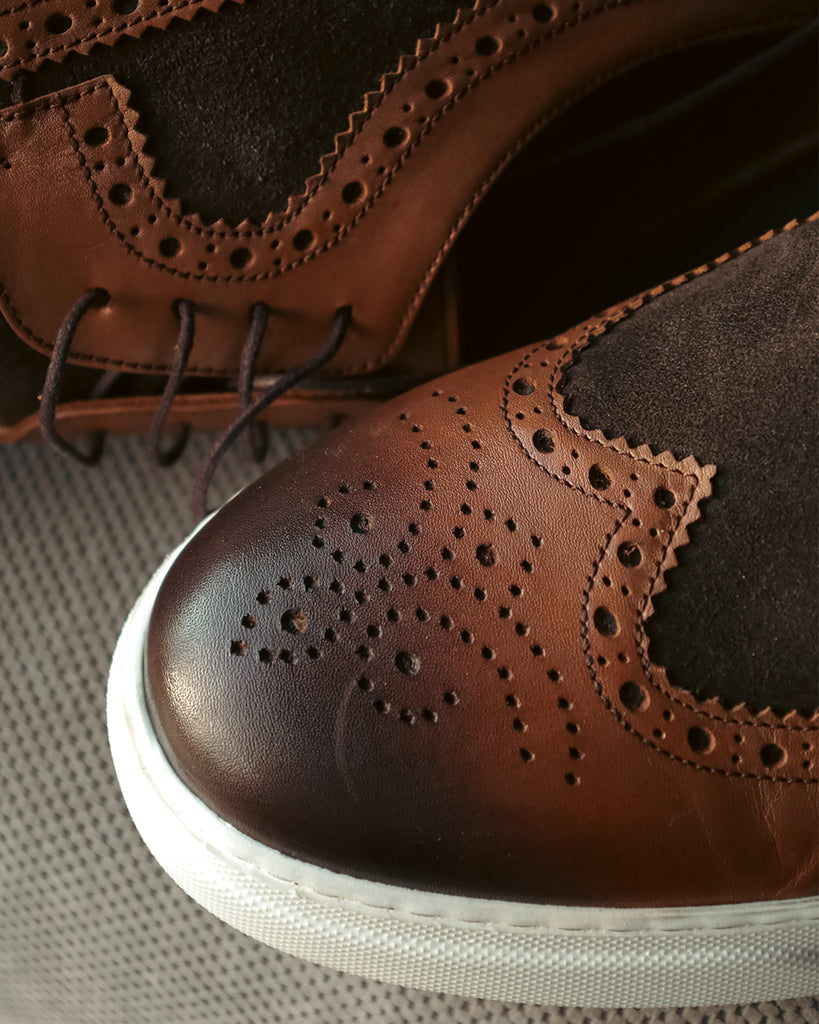 LUCAS - Tan Brown Leather Derby Brogue Trainers with White Sole - Jack Martin