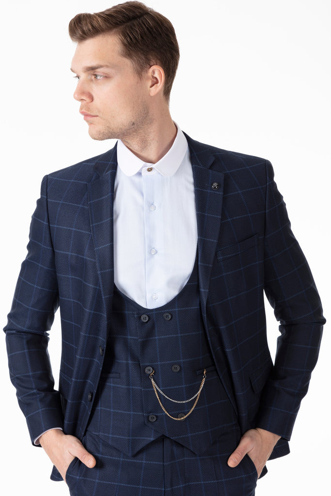 ARTHUR - Blue Check Tailored Fit 3 Piece Suit - Jack Martin Menswear