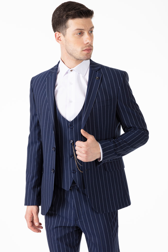 JAY - Blue Chalk Stripe 3 Piece Semi Slim Fit Suit - Jack Martin Menswear