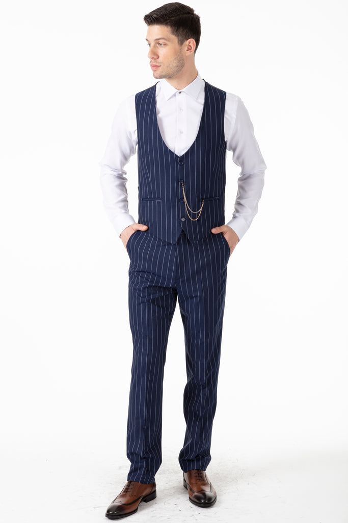 JAY - Blue Chalk Stripe 3 Piece Semi Slim Fit Suit - Jack Martin Menswear