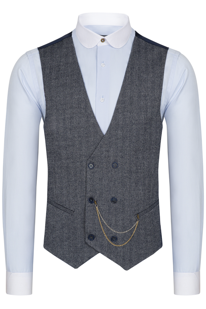 Navy & White Herringbone Tweed Double Breasted Waistcoat - Jack Martin Menswear
