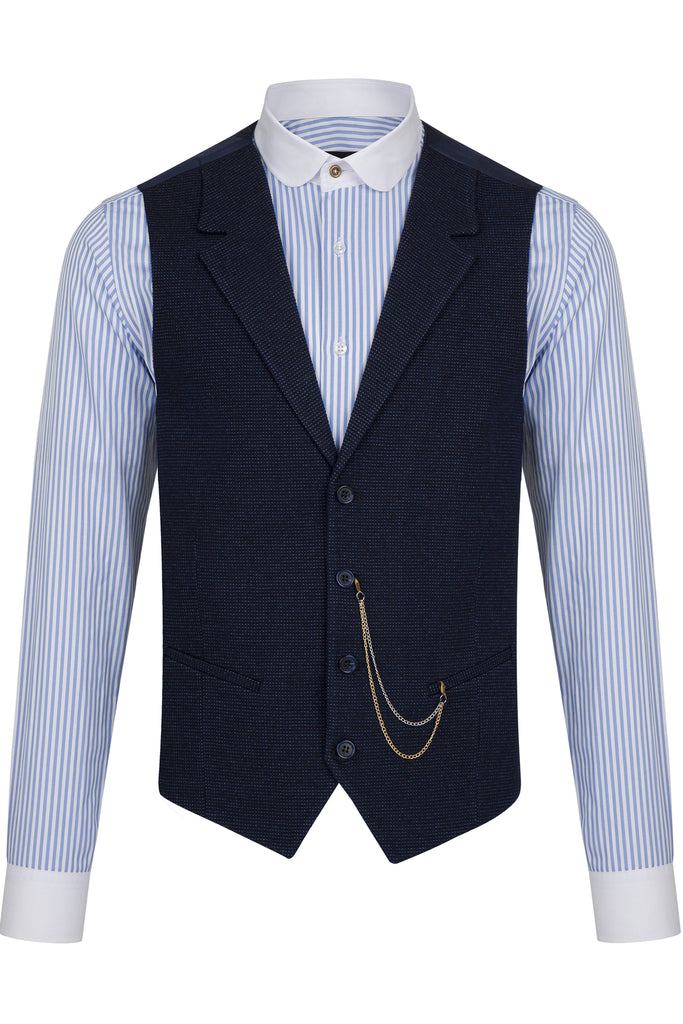 Navy Patterned Collared Tweed Waistcoat - Jack Martin Menswear