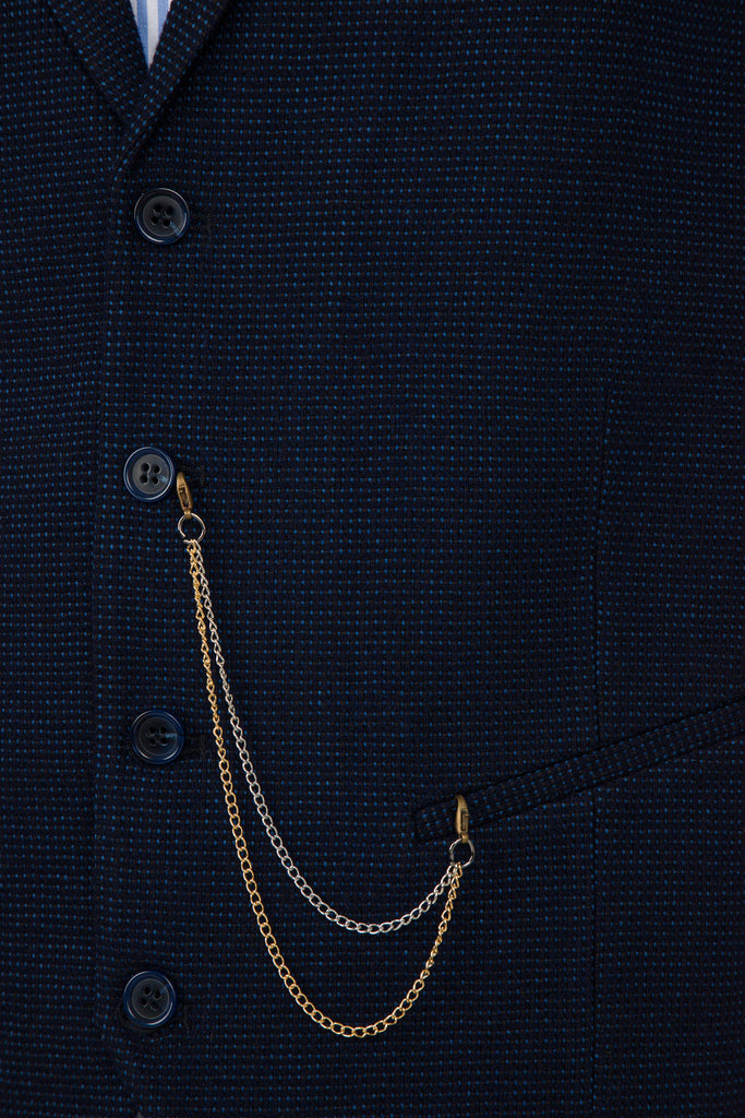 Navy Patterned Collared Tweed Waistcoat - Jack Martin Menswear