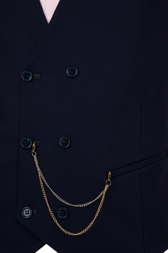 Navy Textured Wool Double Breasted Waistcoat - Jack Martin Menswear