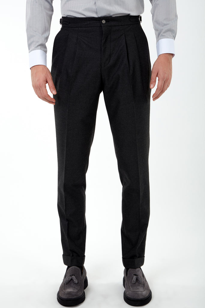 LAGUNA - Heather Black Pleated Flannel Trousers - Jack Martin