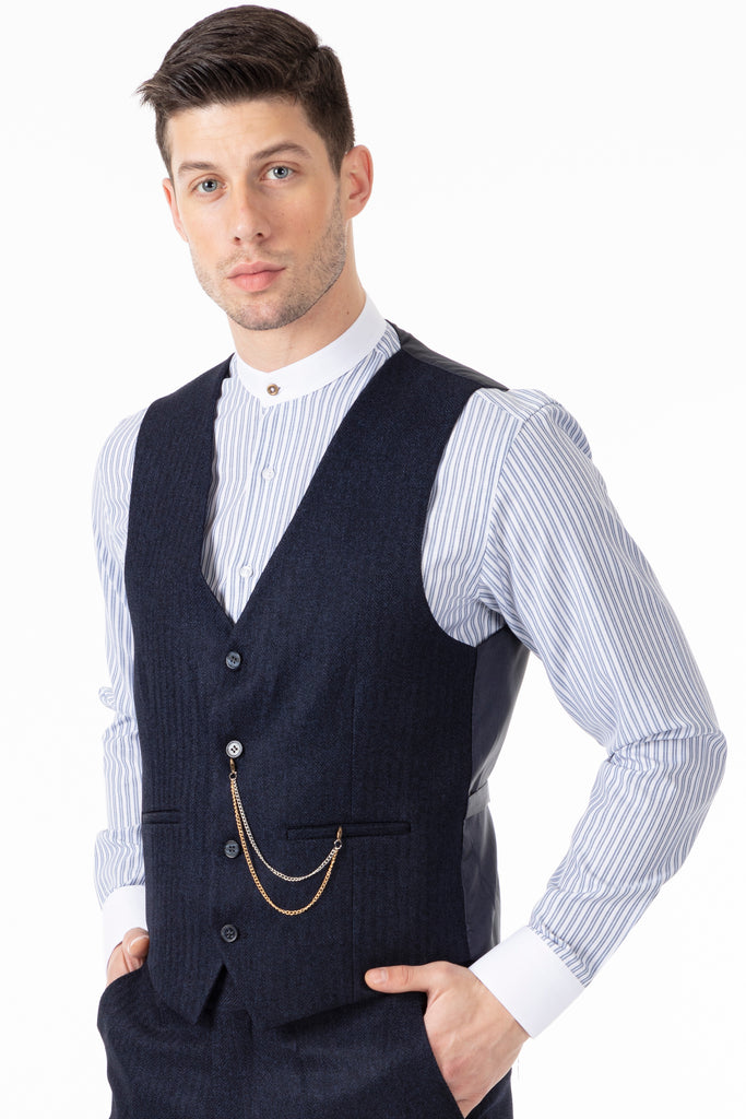 JOHN - Navy Tweed Herringbone Waistcoat - Jack Martin Menswear